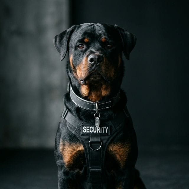 A highly alert Rottweiler security dog standing in a tactical position