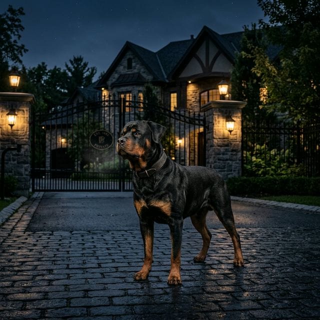 A professional Rottweiler guard dog patrolling a high-value residential estate in Nigeria